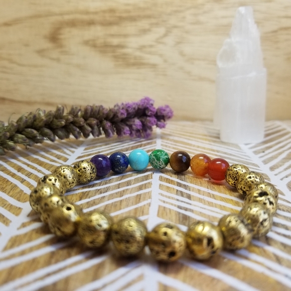7 Chakra Healing Gold Lava Bead Stretch Bracelet - Picture 7 of 7